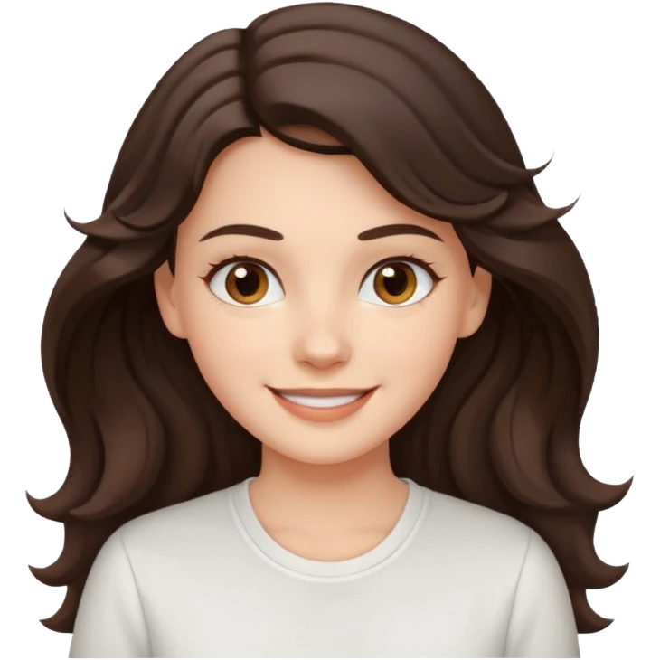 A White girl with wavy and dark hair, light brown eyes and a white shirt smiling emoji