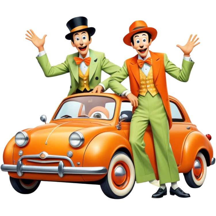 A vintage movie poster-style design with two goofy characters in outrageous outfits, showing exaggerated, silly expressions. Include elements like a goofy car, ridiculous props, and comical facial expressions. Retro comedic style with vibrant colors. Transparent background. emoji