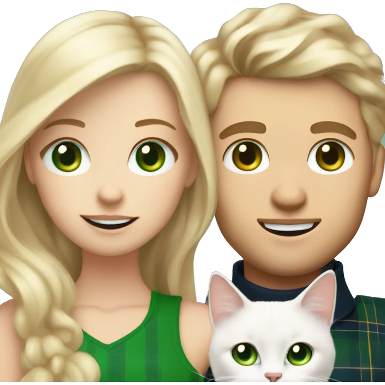 Blonde girl with long wavy hair and green eyes and blonde boy with blonde short hair and blue eyes wearing a vest, the couple is holding a scottish straight white cat green eyes emoji