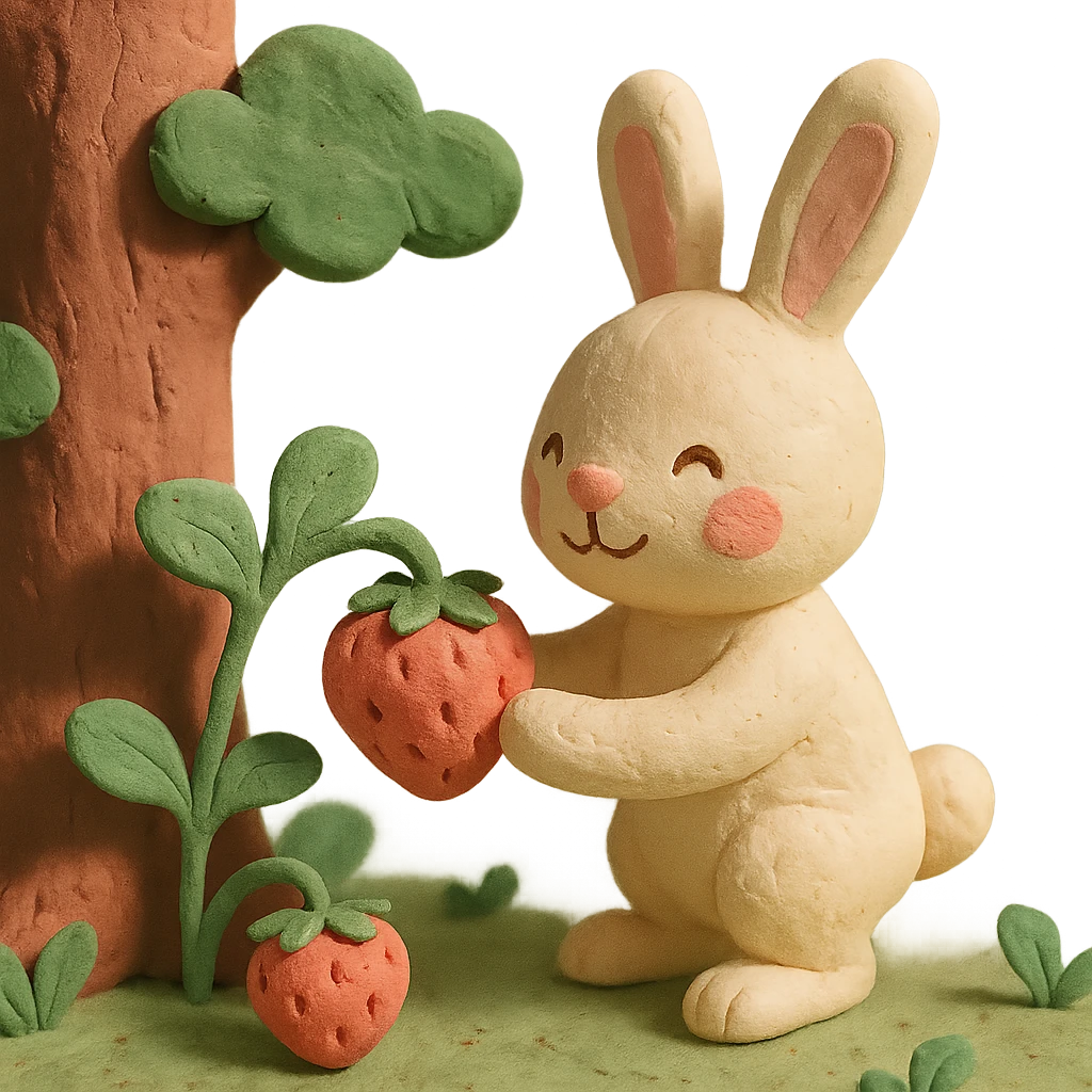 bunny picking strawberries in the woods, sweet pastel red, claymation style emoji