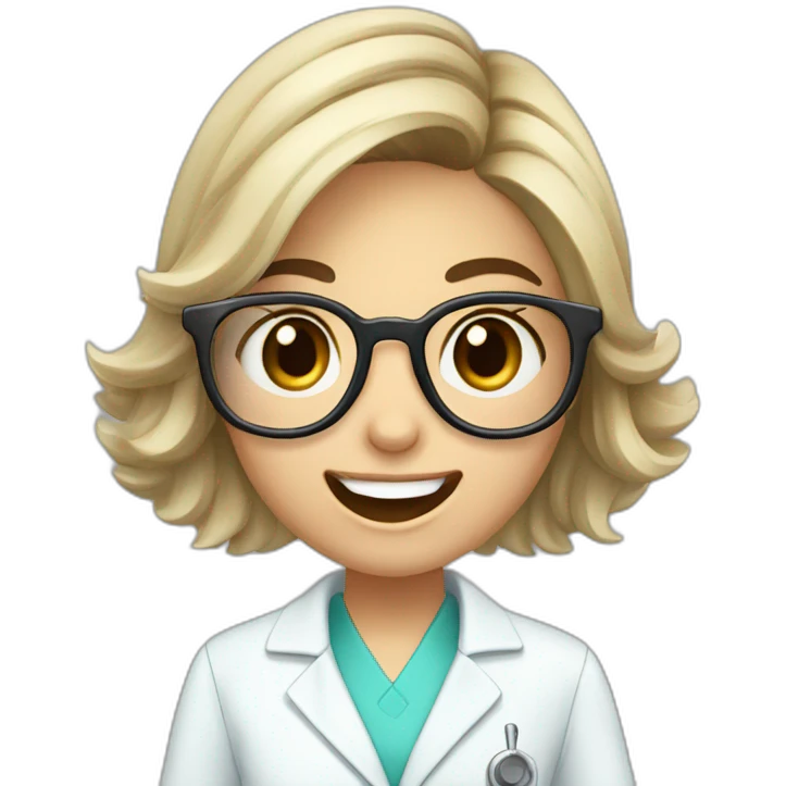 Young dentist girl-middle length of hair-with glasses-holding mouth mirror and handpiece -eyesmile emoji