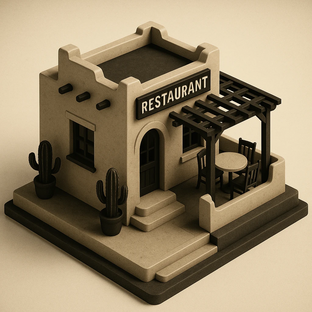 isometric exterior of a little southwestern restaurant, black, beige, and white color palette, dollhouse style, 3D realistic emoji