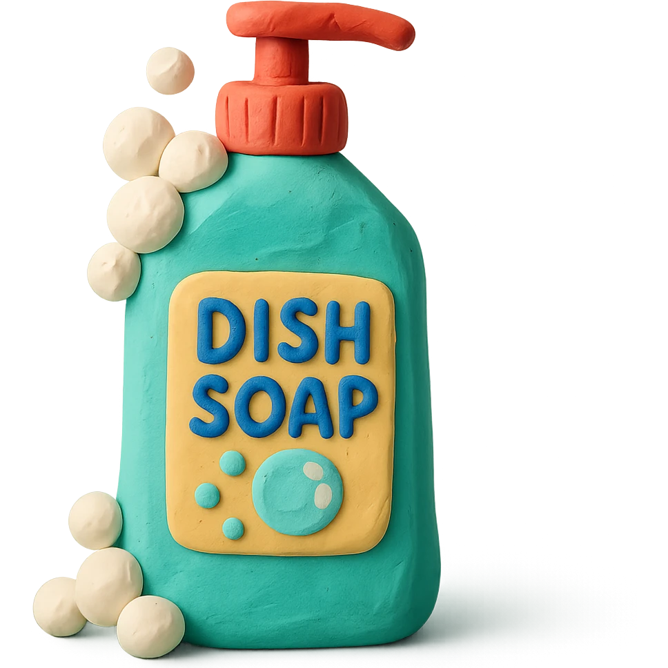 dish soap bottle in claymation style with bubbles and a playful label, pastel palette emoji