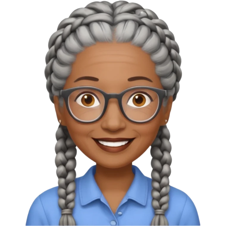 Older woman of color with gray braids, glasses and smiling emoji