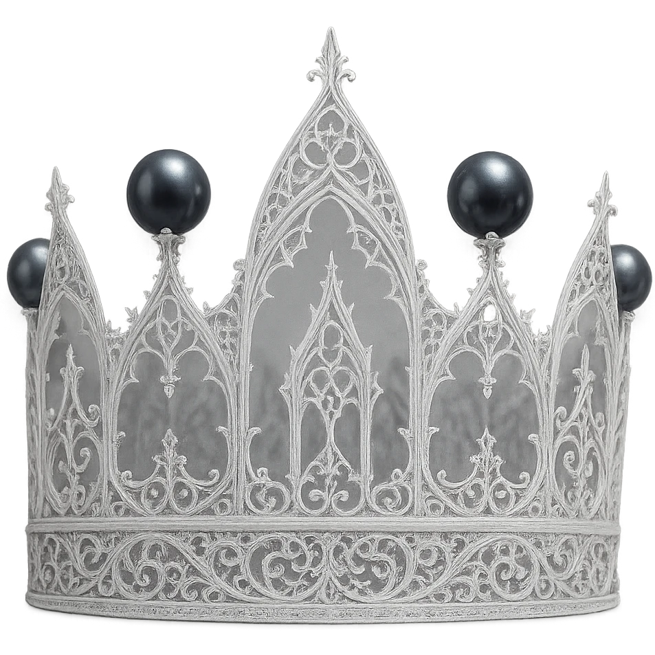 gothic crown in white gold with black pearls and lace-like filigree, ghostly and sophisticated emoji