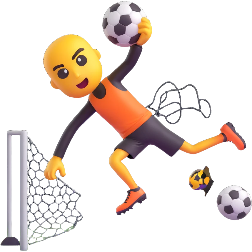 fierce, villainous emoji face mid-air high kick, soccer ball, and a broken wire mesh fence in the scene emoji