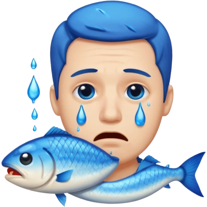 Man crying eating fish. make tears blue color emoji