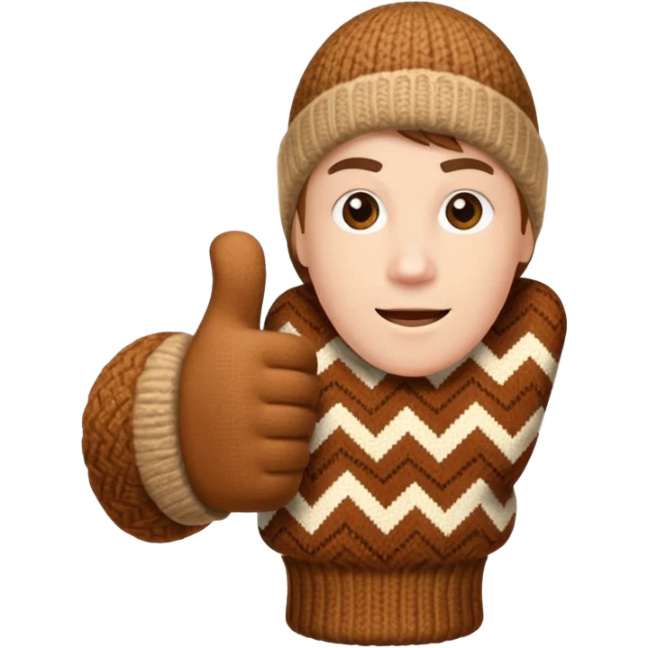 thumbs up fist in brown knit mitten with zig-zag beige pattern emoji