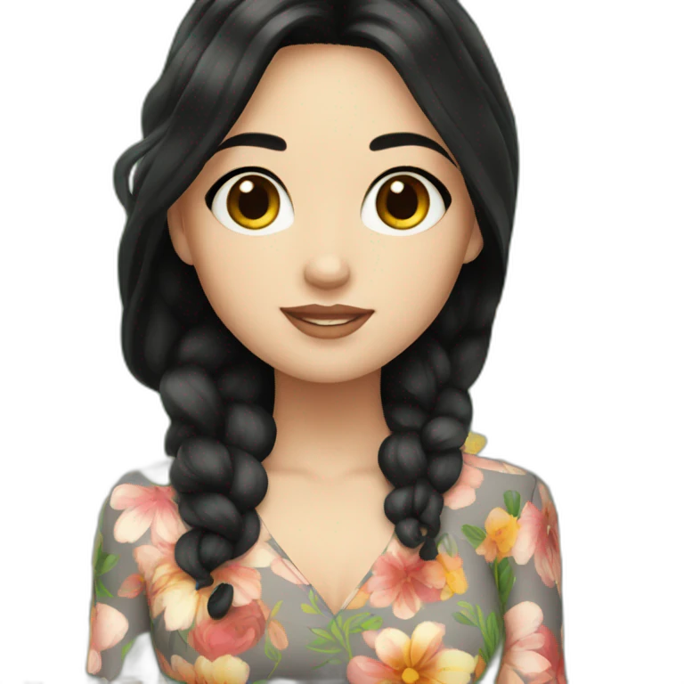 a white girl having black hair wearing floral dress holding flowers emoji