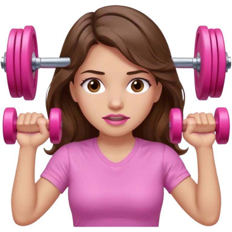 girl with wavy long brown hair, brown eyes, light to medium complexion, long lashes, light pink lipstick, wearing light pink shirt, lifting a pink dumbells emoji