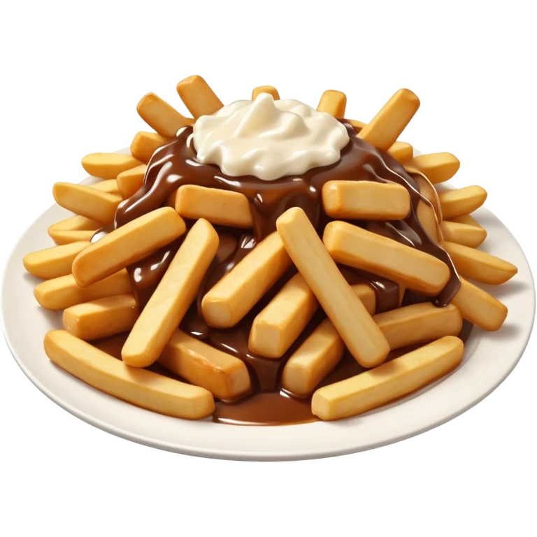 poutine, québec, white cheese curds with gravy on fries in a white plate emoji
