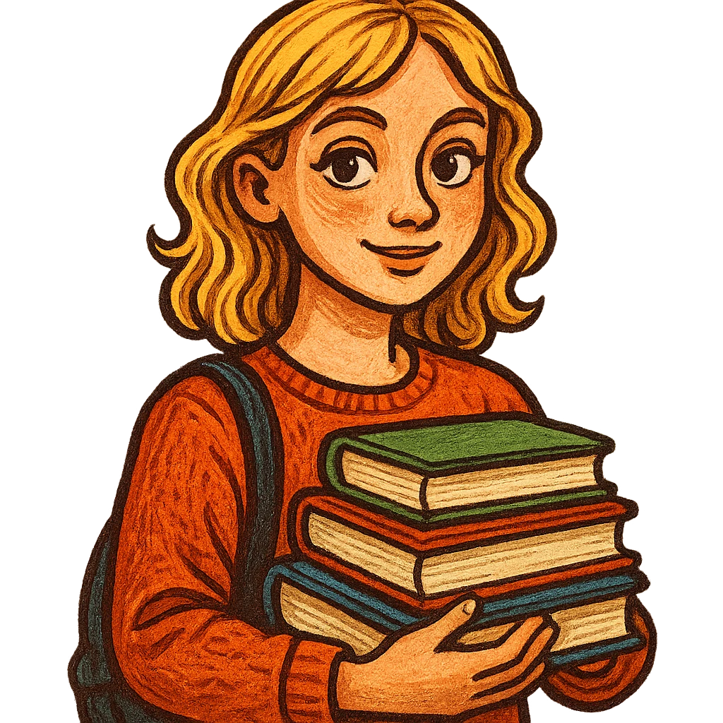blonde woman with textbooks, bufo style emoji