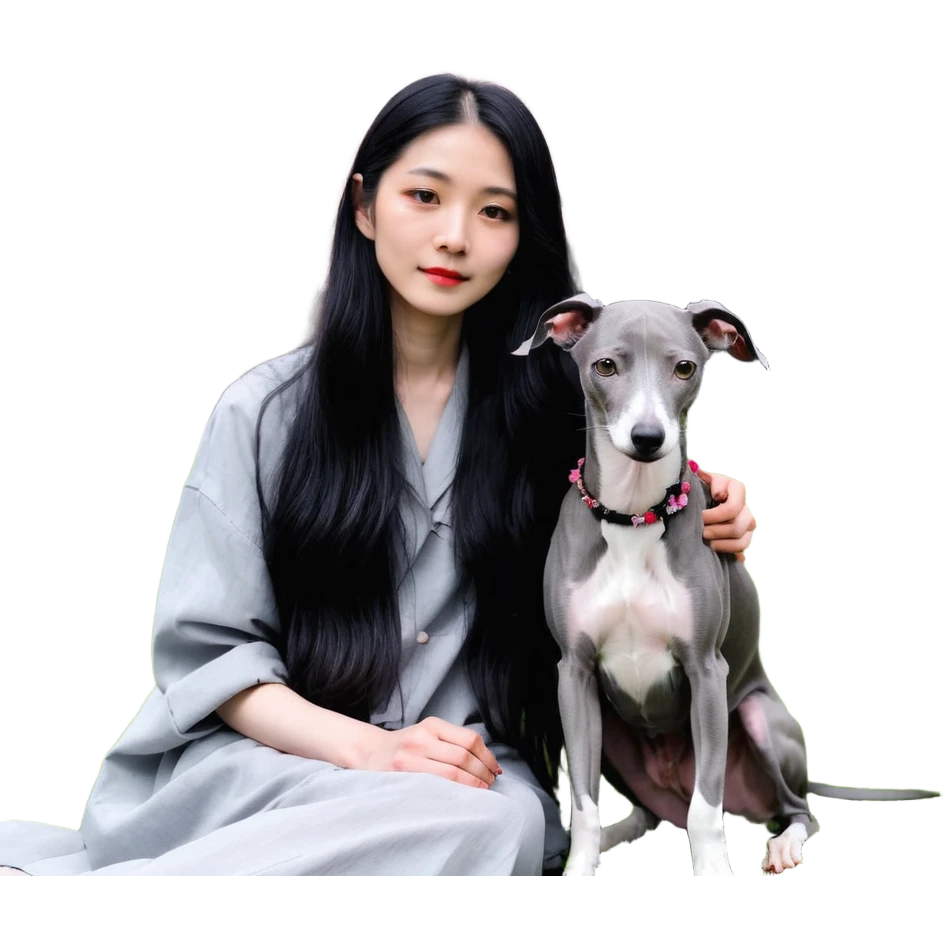 A beautiful 25-year-old Chinese woman with long black hair and a pure dark grey Italian Greyhound with absolutely NO white markings anywhere on its body sitting under a cherry blossom tree. The dog must be completely solid dark grey with no white on muzzle, paws, or chest. emoji