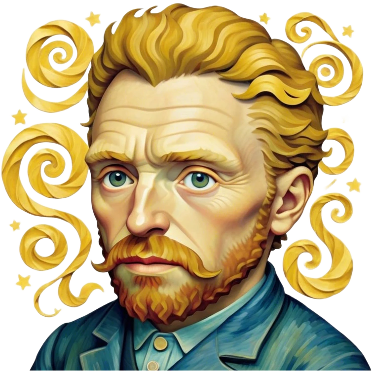 Cinematic Realistic Vincent van Gogh Pop Culture Emoji, featuring an expressive portrayal inspired by the legendary painter rendered with dynamic, swirling textures and artistic lighting. emoji