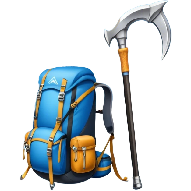 Icon for Mountain Tourism and Climbing: a mountain peak in the background, an ice axe, and climbing gear and backpack. The icon should capture the adventure and challenge of alpine exploration. Transparent background. emoji