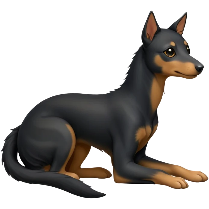 cinematic-[kelpie]-realistic-full-body-sitting-emoji,-tail-resting-loosely-beside-its-paws,-head-tilted-dramatically, -sleek-[Black and tan]-fur,-simplified-yet-realistic-focused-features,-highly-detailed,-glowing-with-an-almost-sarcastic-glow emoji