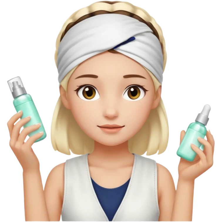 Clean girl aesthetic emoticons, apply skincare products, headband, glowing skin, white vest, soft lighting emoji