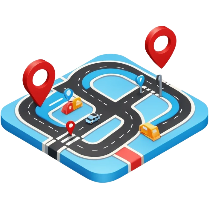 3D navigation map icon, simple curved road, location pin, smooth rounded shapes, Waze style, blue white and black colors, small red accents, clean minimal design, no background emoji