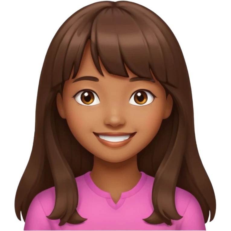 chica morena linda con cabello largo y fleco, expresión sonriente emoji