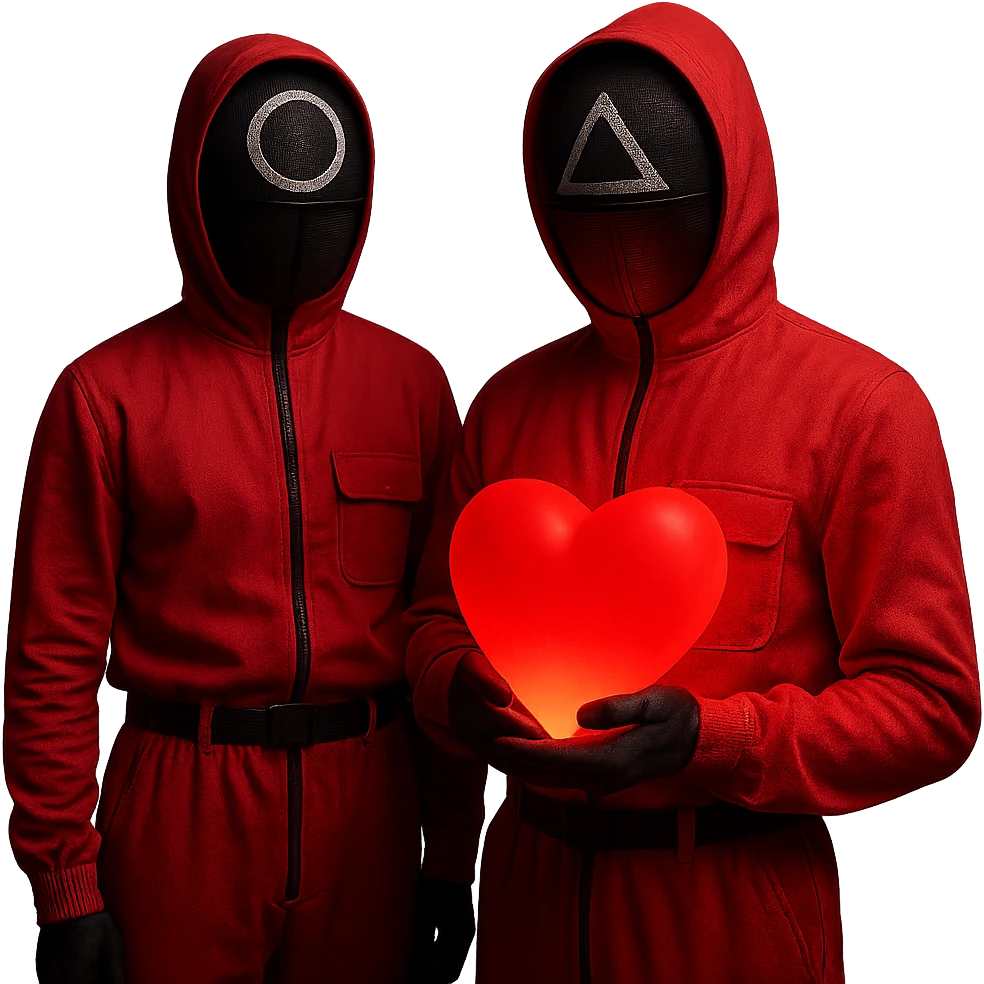 Edit the image of two masked guards from Squid Game series in pink jumpsuits. One guard is holding a large glowing red heart that emits soft light, the other is standing beside. Keep the original style, minimal background, and dramatic lighting. Remove the background completely. emoji