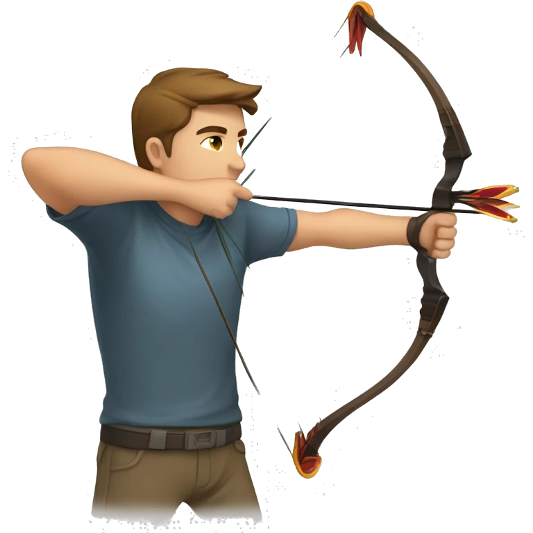 a male archer aiming with a bow looking at his target, wearing a tshirt, brown hair, bright skin, emoji