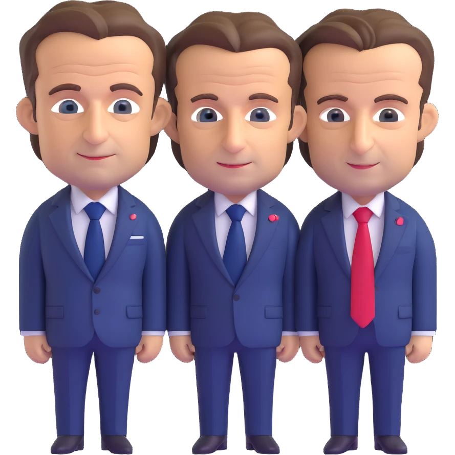 3D chibi caricature of Nicolas Sarkozy and Emmanuel Macron, standing together, oversized heads, small realistic bodies, navy suits, Sarkozy with blue tie, Macron with red tie, realistic faces, soft lighting emoji