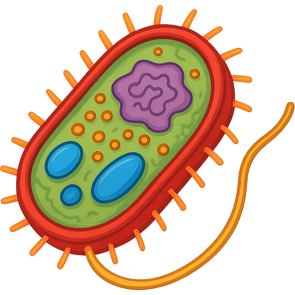 bacterial cell with highlighted organelles, saturated and bright colors, clear details emoji