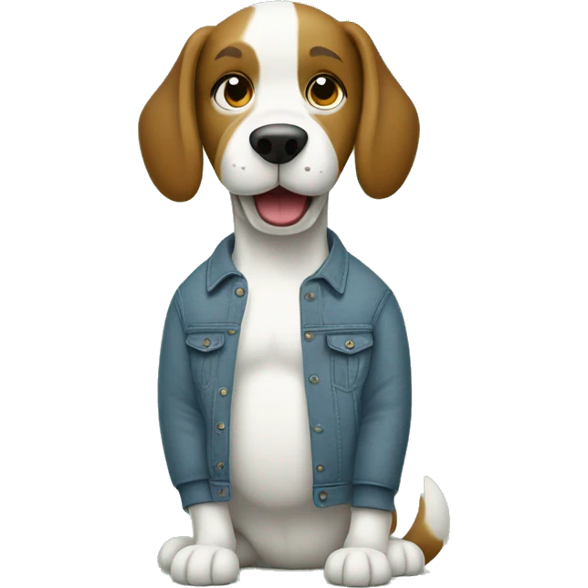 A confident cartoon dog in a gray sweater, blue jeans, and white sneakers on a muted green background. emoji