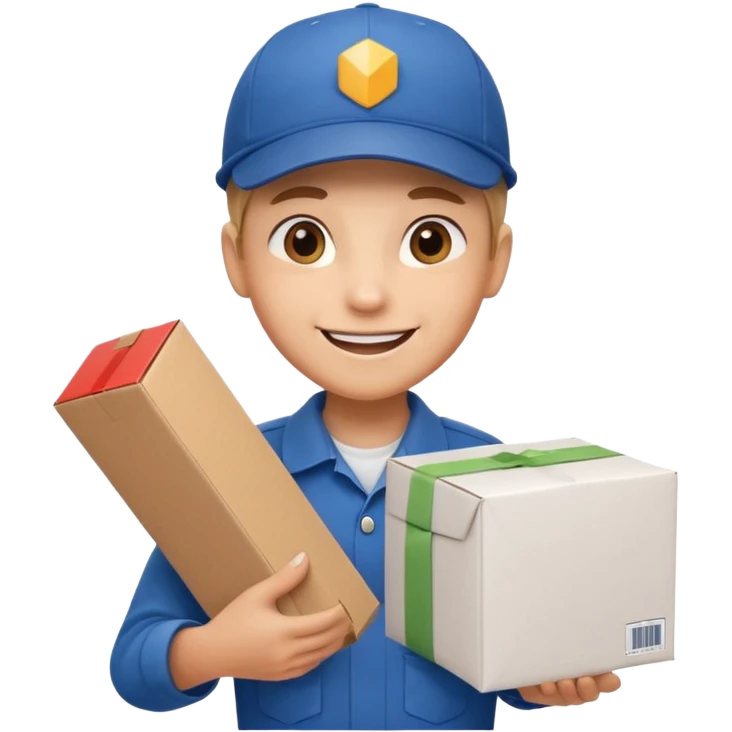  delivery worker holding a cardboard package. Wearing a cap and uniform shirt, smiling expression. Rounded, glossy, smooth, soft shadows, white background.




 emoji