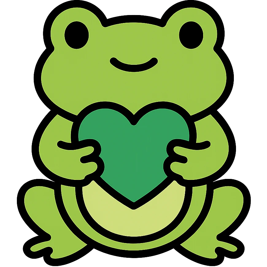 cartoon frog holding a green heart, color outline style emoji