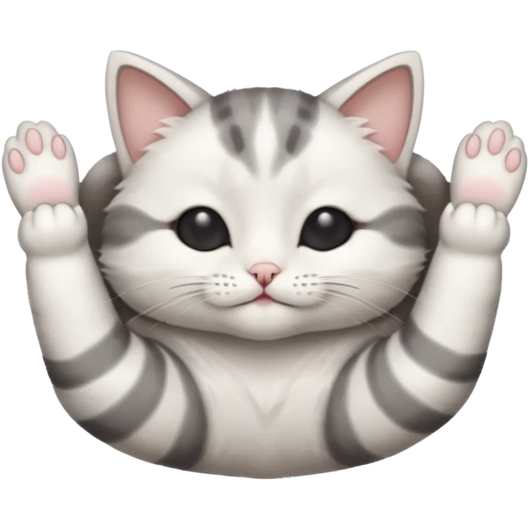 grey and white small cat eyes closed lying down upside down with paws stretched out straight in different directions emoji