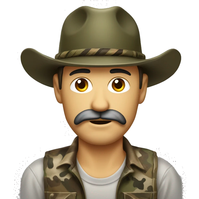 Redneck country man wearing old school camo with a brown mullet and mustache wearing a trucker hat emoji