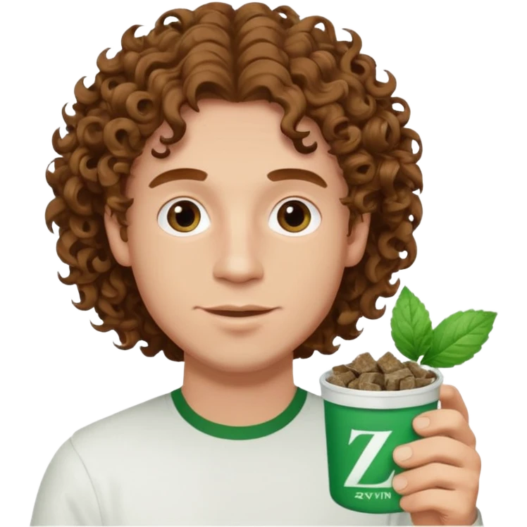 White Man with pretty Curley brown hairholding Zyn spearmint snus emoji