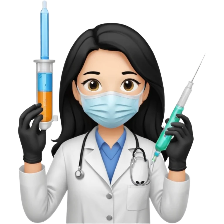 laboratorista con guantes  y mascarilla e insumos laboratorio  jeringa tubos  pelo negro largo triguella emoji