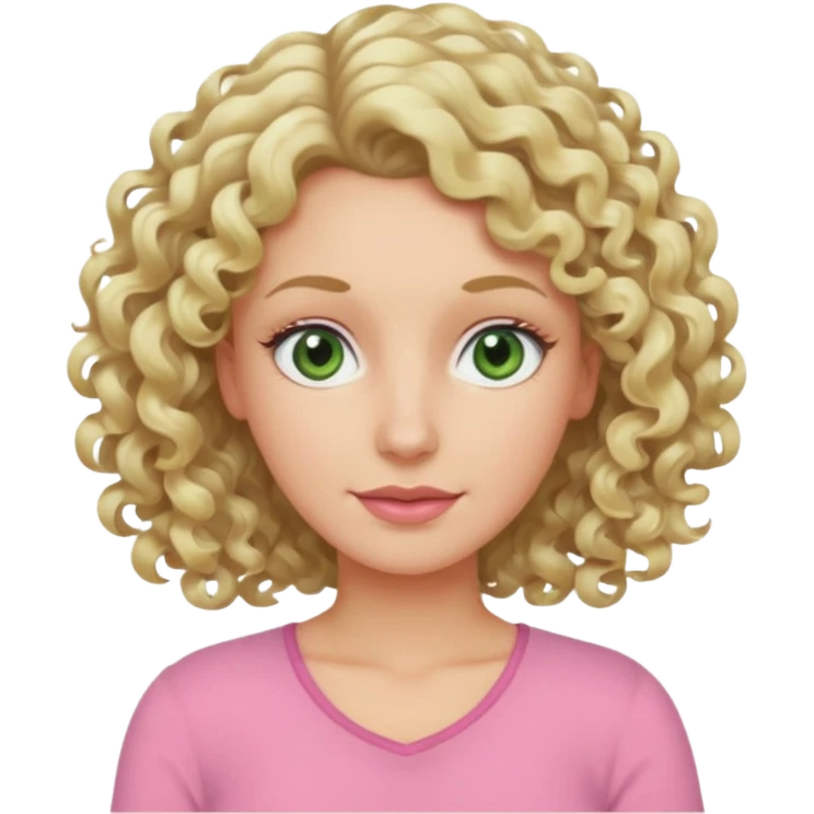 a woman in her late 40s and has greyish greenish eyes and blonde curly hair wearing a pink top emoji