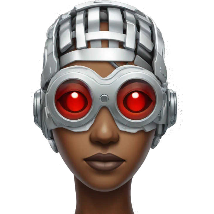 Red skin female cyborg head with silver goggles, silver circuits emoji
