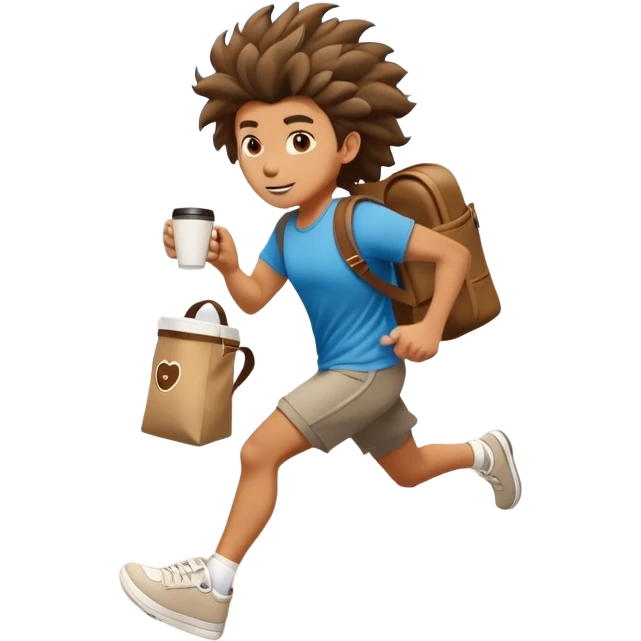 cartoon character with wild hair, running with coffee and bag, urban setting emoji