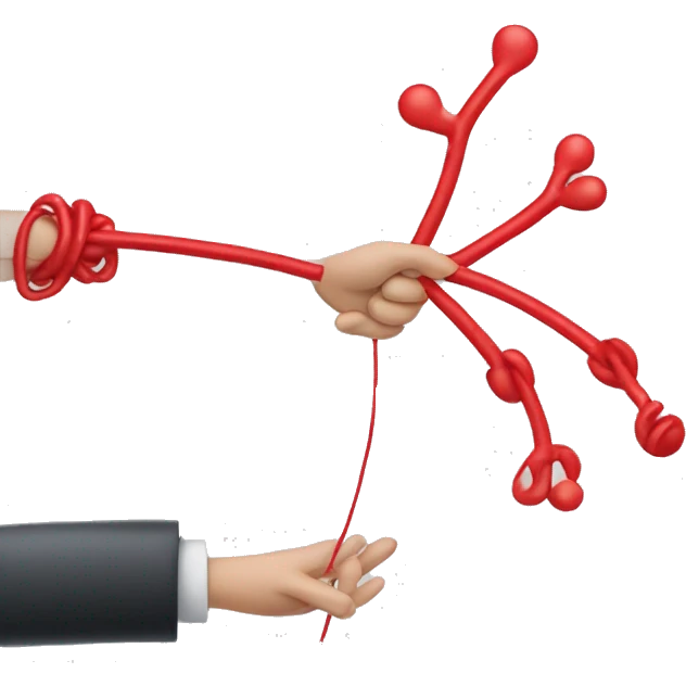 A hand manipulating a puppet with red wires linking the fingers to the puppet's limbs. emoji