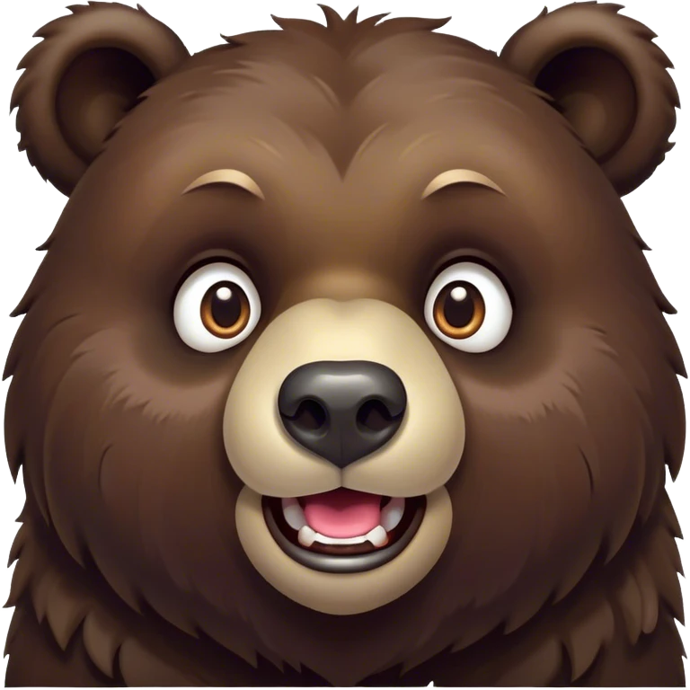 Cinematic Comical Bear Portrait Emoji, Head tilted dramatically with an exaggeratedly amused expression, featuring a striking, glossy dark brown fur with bold fur texture, wide, expressive eyes filled with playful disbelief, Simplified yet hilariously expressive features, highly detailed, glowing with a slightly sassy glow, high shine, dramatic yet playful, stylized with an air of cheeky wilderness mischief, bright and endearing, soft glowing outline, capturing the essence of a spirited and over-the-top bear, so meme-worthy it feels like it could roar its way into internet fame instantly! emoji