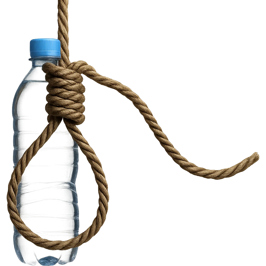 A long rope with a noose, a well-visible water bottle wrapped in the rope, no background, realistic style, natural details, symbolic atmosphere, photorealistic and detailed water bottle wrapped in the rope. emoji