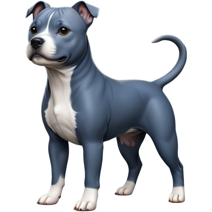 cinematic-[Staffordshire bull terrier]-realistic-full-body-standing-emoji,-tail-resting-loosely-beside-its-paws,-head-tilted-dramatically, -sleek-[dark blue grey]-fur,-simplified-yet-realistic-focused-features,-highly-detailed,-glowing-with-an-almost-sarcastic-glow emoji