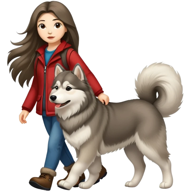 A long-haired girl walking an Alaskan dog emoji