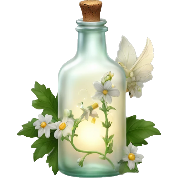 White magic fairy light sparkling old Antique bottle with poison and with herbal and flowers emoji
