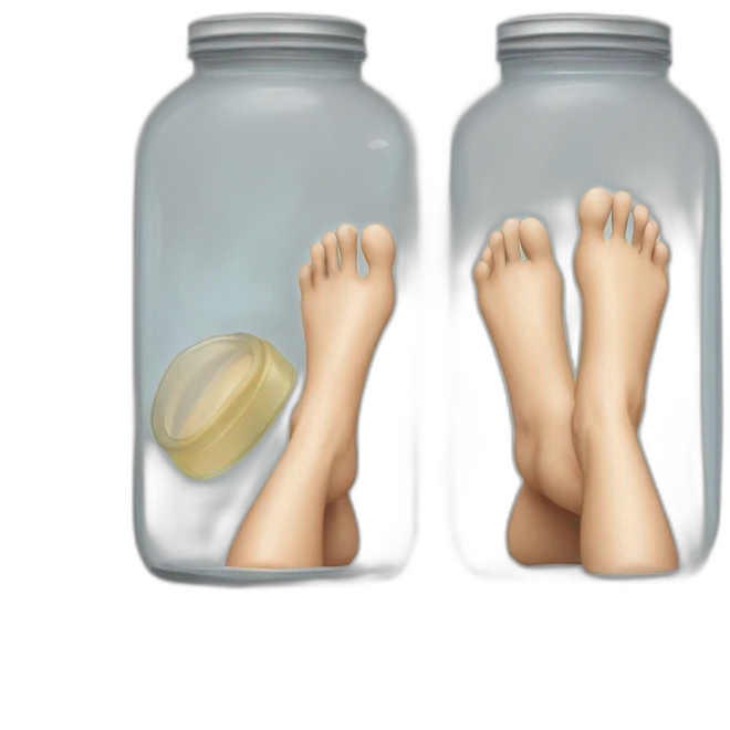 human legs standing on the floor with an ((empty transparent jar)) between them,outside,to the left and to the right,front view emoji