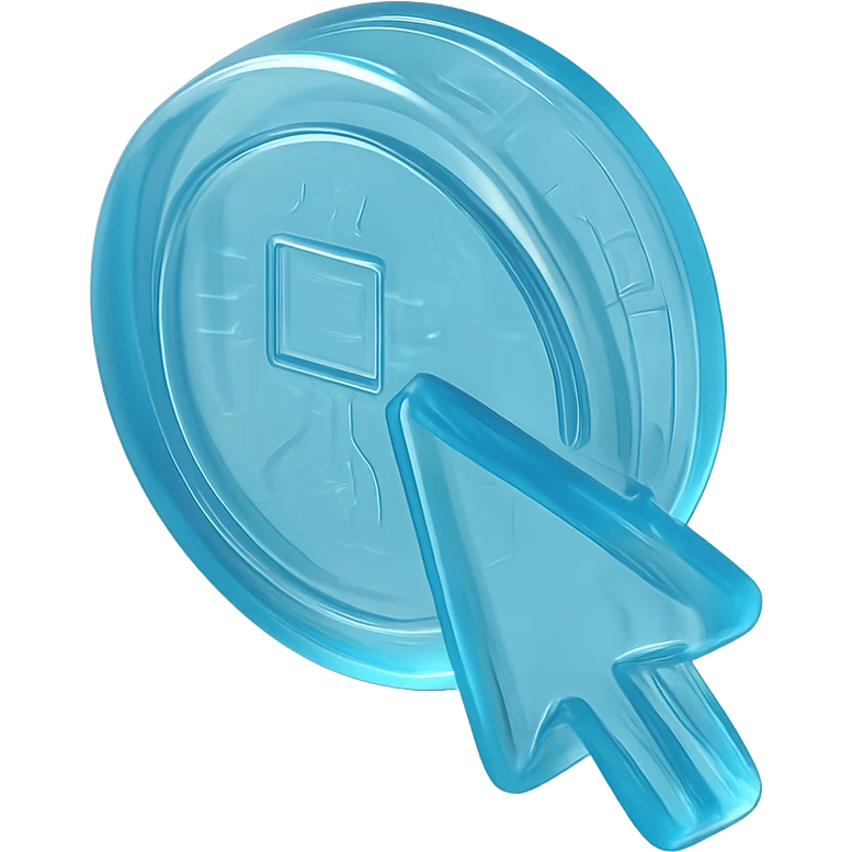 Icon of a coin with a mouse cursor clicking on it, modern and sleek, cyan blue emoji