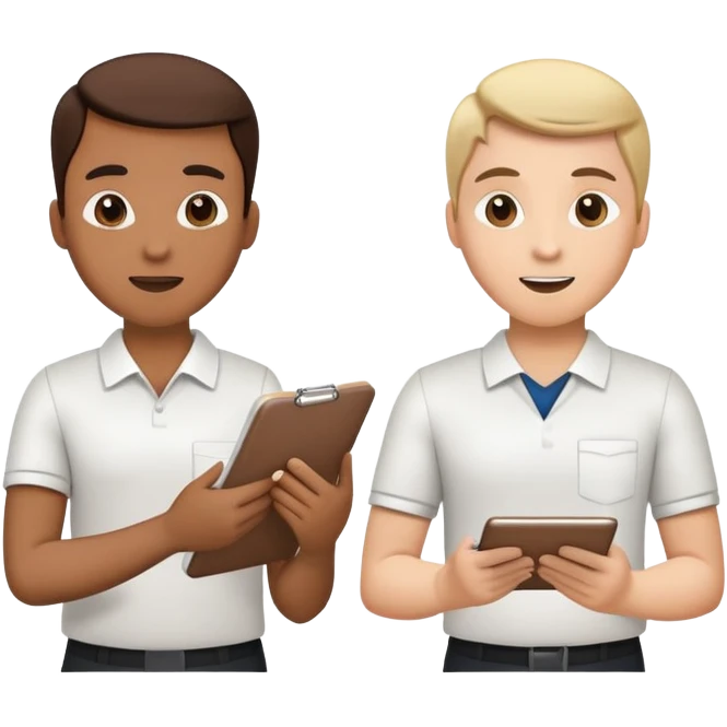 Two team members facing each other, one holding a notepad and the other gesturing, in a collaborative pose emoji