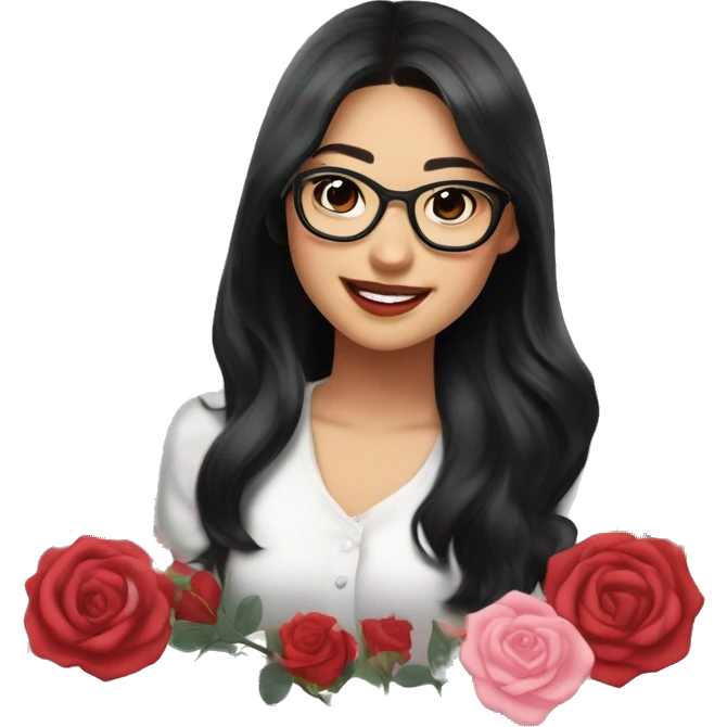 Asian girl, smiling with teeth and dimples on the cheeks, fair skin, black long hair, black eyes, black glasses with gold frames, red lipstick, wearing a white lace tank top and a black office jacket on top, with pink and red roses around herю emoji