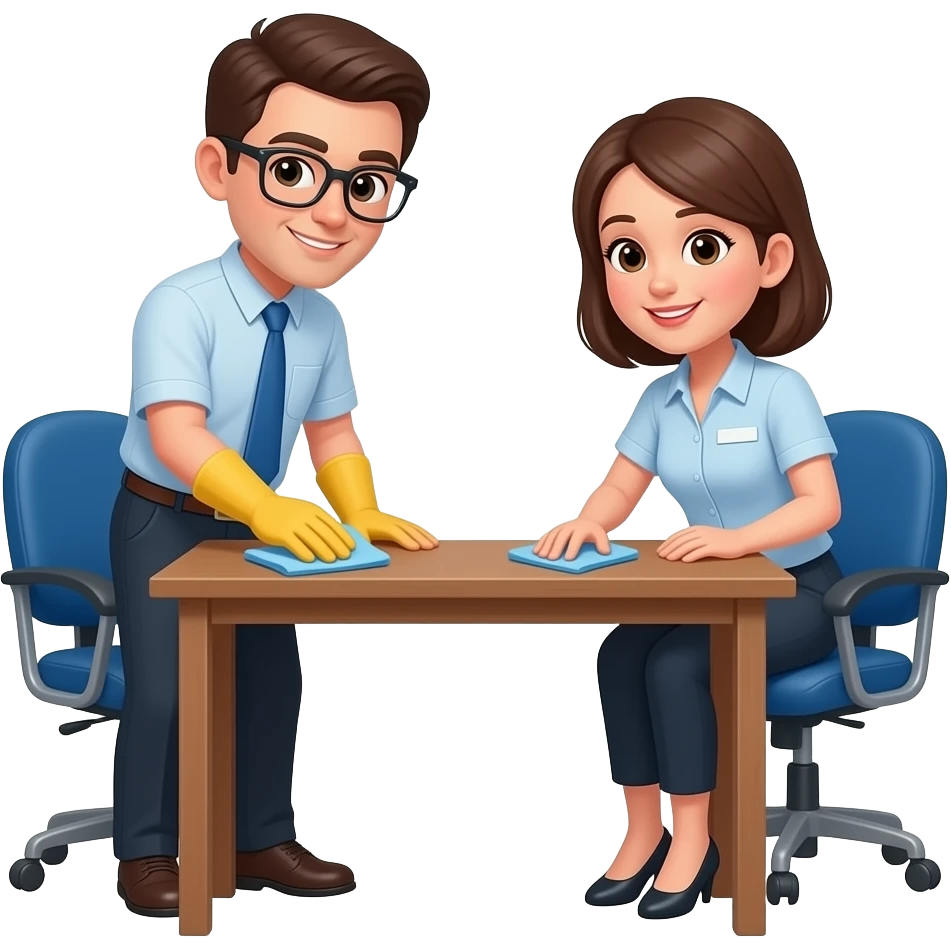 male and female coworker cleaning table emoji