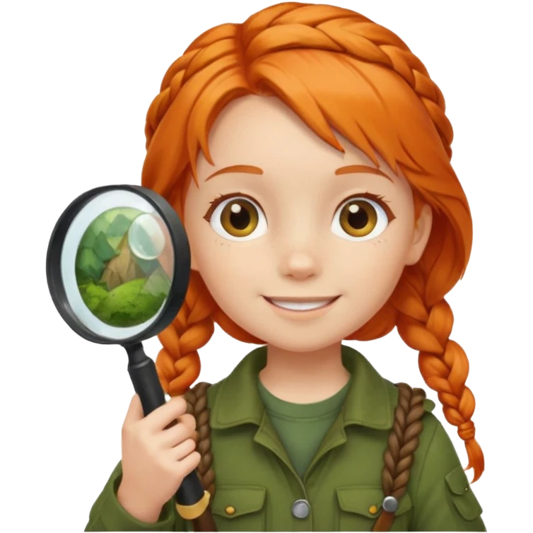 braid orange haired girl kid in moss green explorer outfit, holding magnifying glass, smile emoji