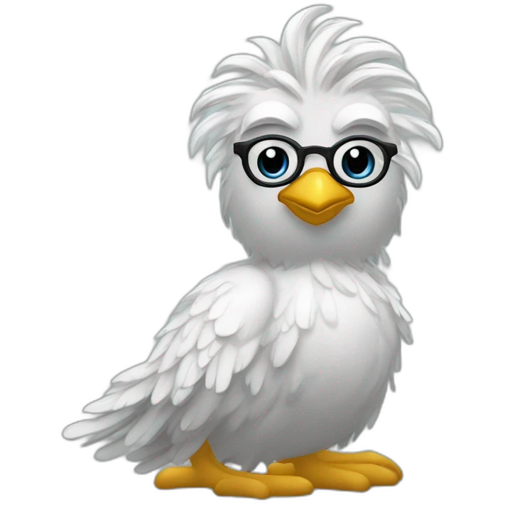 Galinha com cabelos loiros e oculos deitada numa cama de luxo emoji